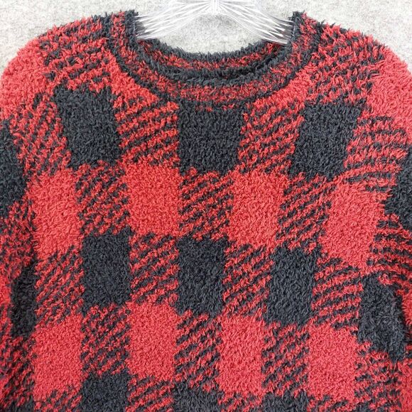 SKIMS Buffalo Plaid Fuzzy Knit Sweater 2X Red Black Cozy Oversized Soft - Picture 3 of 11
